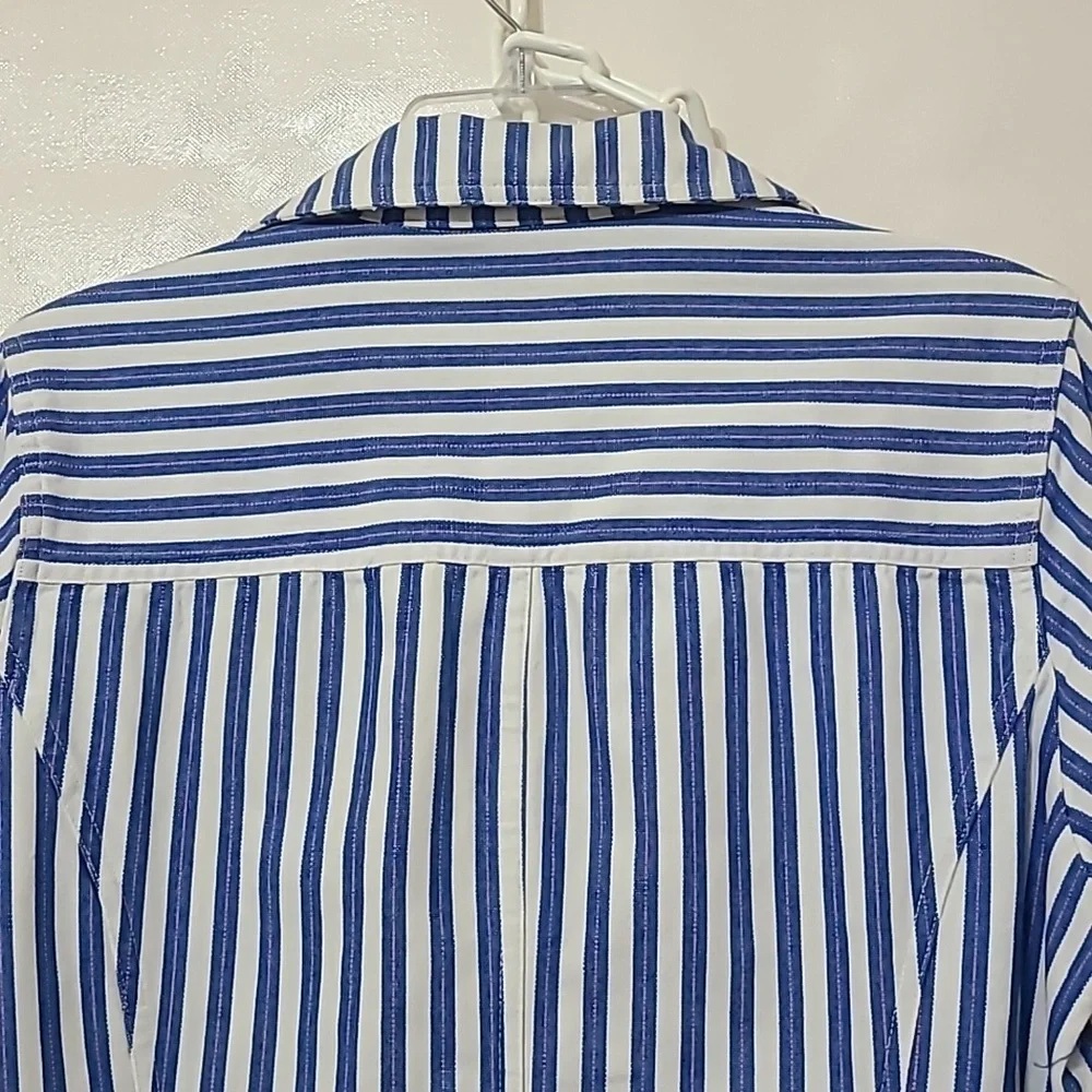 Bill‎ Blass Navy and White Striped 100% Cotton Blazer Jacket - Size Large